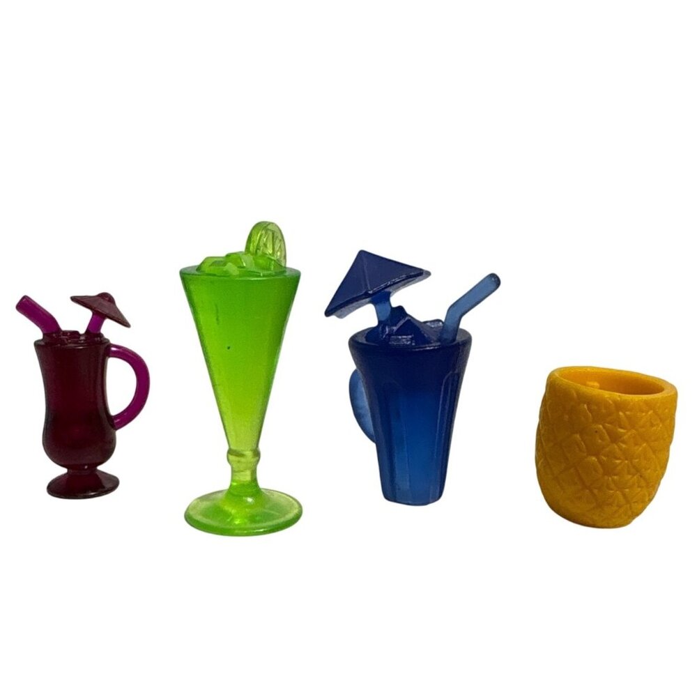4 Barbie Fountain Poolside Drink Glass Doll House Accessories Red Green Blue